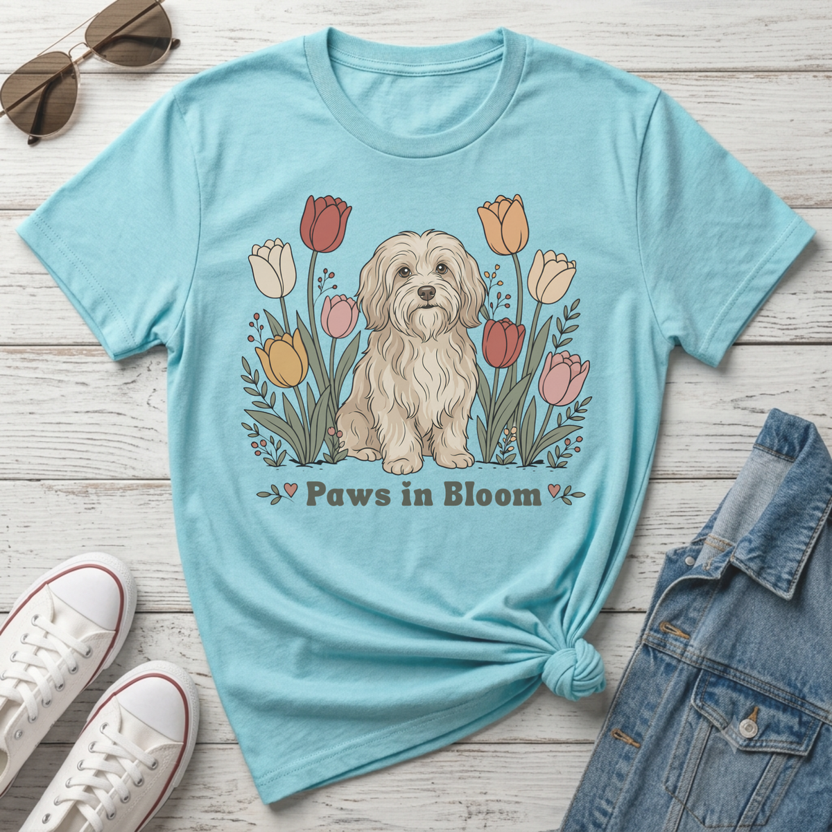 Light blue t-shirt with a tan dog and colorful tulips, text "Paws in Bloom."