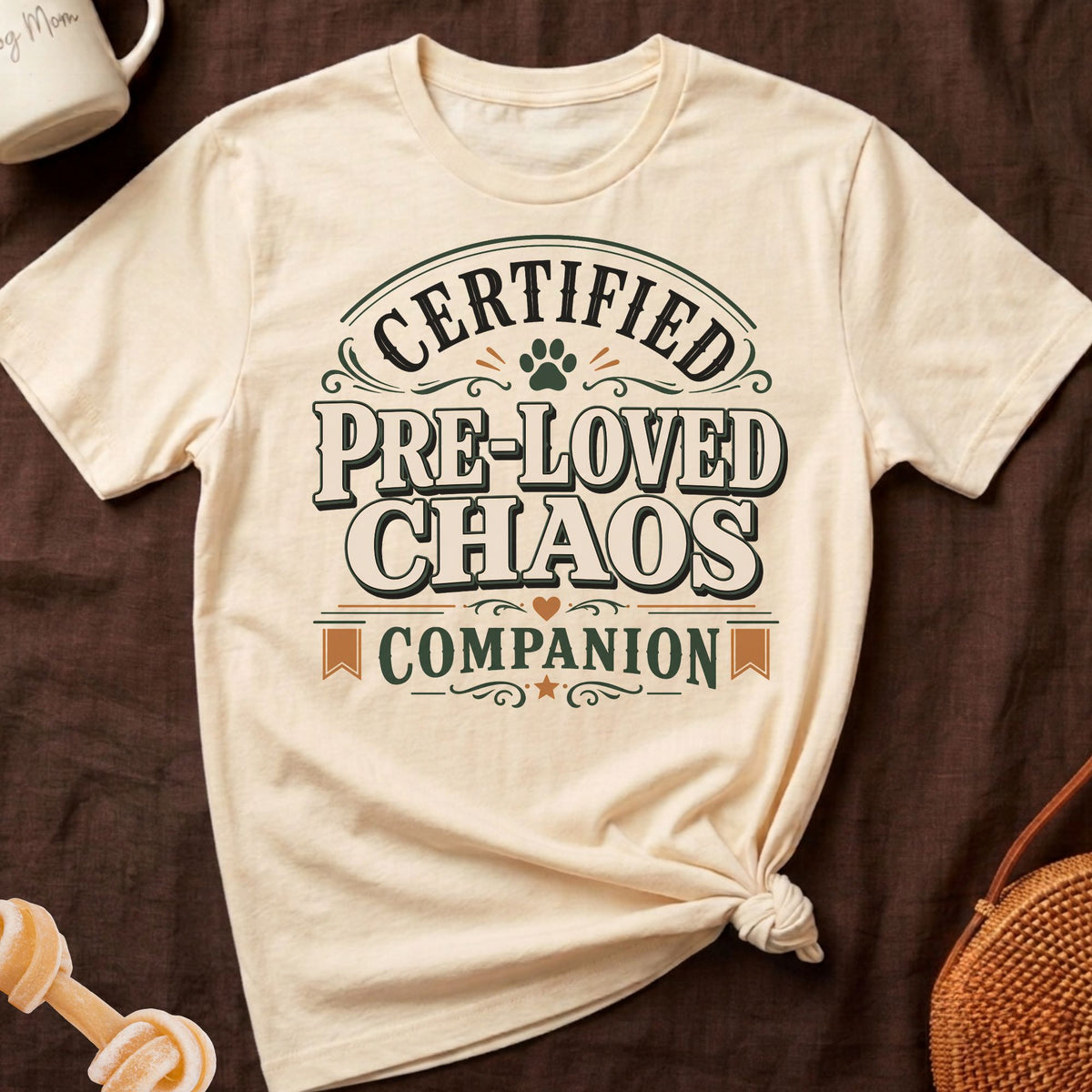 Cream t-shirt with text "CERTIFIED PRE-LOVED CHAOS COMPANION" and paw print.