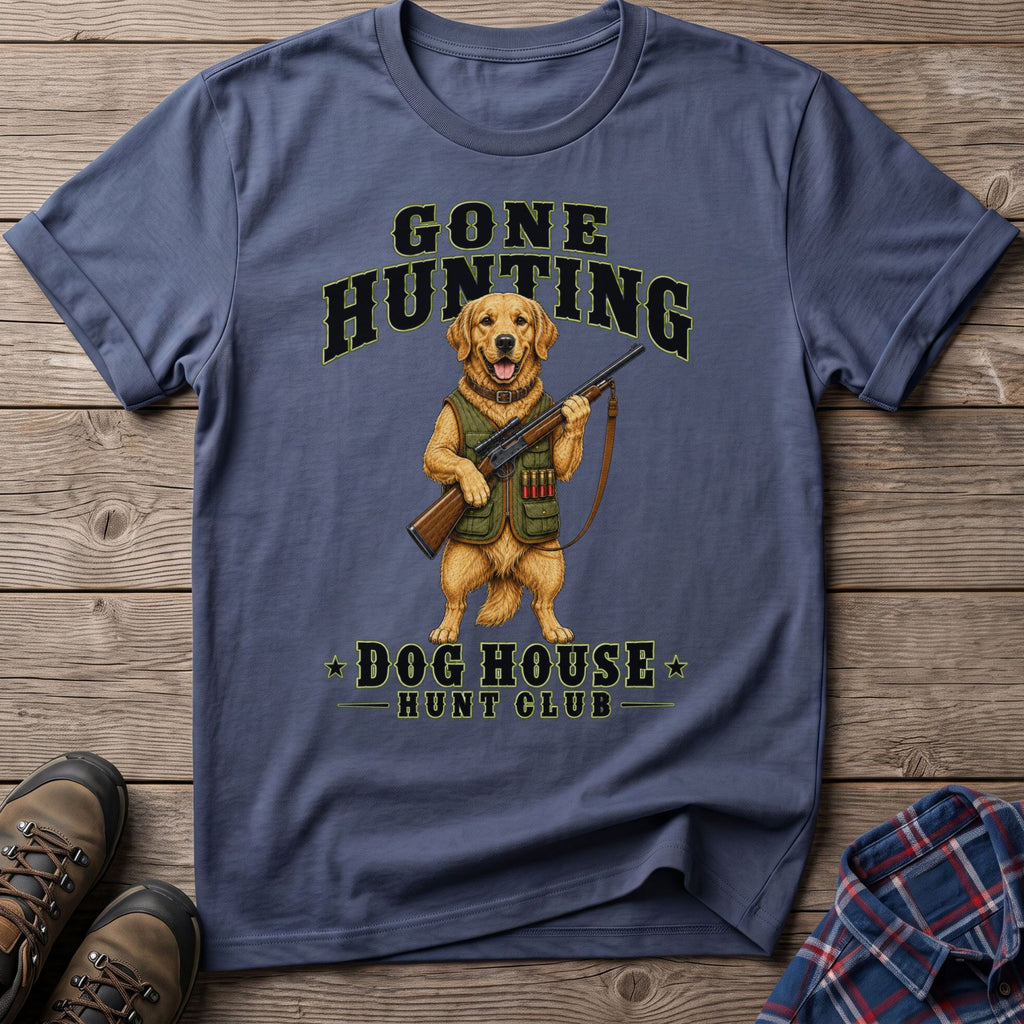 T-shirt with golden retriever, shotgun, and text "Gone Hunting Dog House Hunt Club".