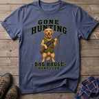 T-shirt with golden retriever, shotgun, and text "Gone Hunting Dog House Hunt Club".