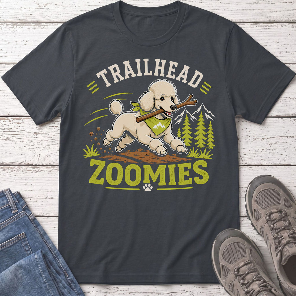 Poodle with stick on a shirt, text reads "TRAILHEAD ZOOMIES".