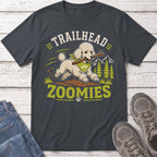 Poodle with stick on a shirt, text reads "TRAILHEAD ZOOMIES".