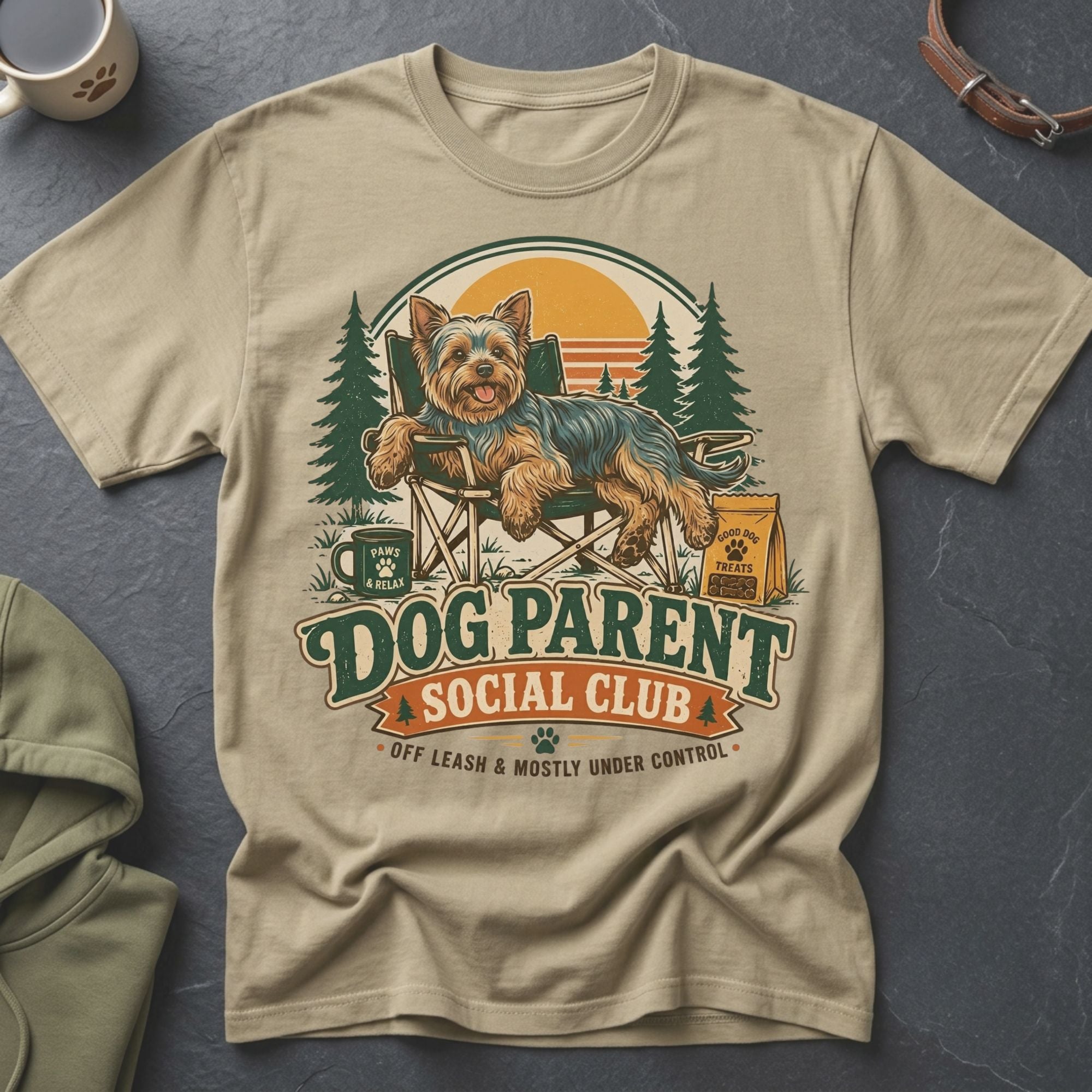 Yorkshire terrier on a camping chair with "Dog Parent Social Club" text.