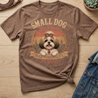 Brown t-shirt with Shih Tzu graphic: "Small Dog, Big Heart, Huge Personality, Shih Tzu Life."