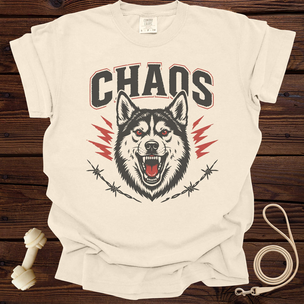 Cream t-shirt with "CHAOS" text and a snarling wolf graphic.