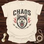 Cream t-shirt with "CHAOS" text and a snarling wolf graphic.