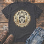 Dark t-shirt with a husky graphic that reads "I Rescued My Best Friend".