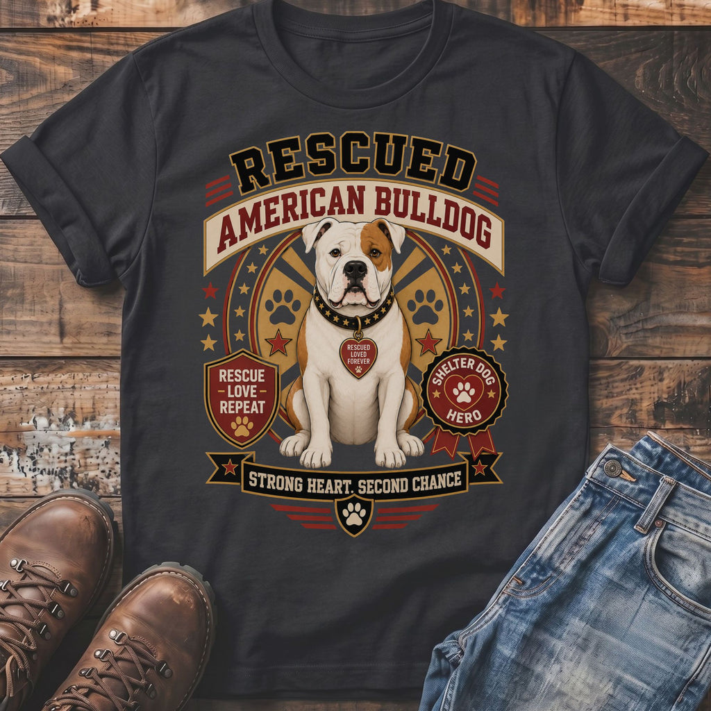 Rescued American Bulldog graphic with text "Rescue Love Repeat" and "Shelter Dog Hero".