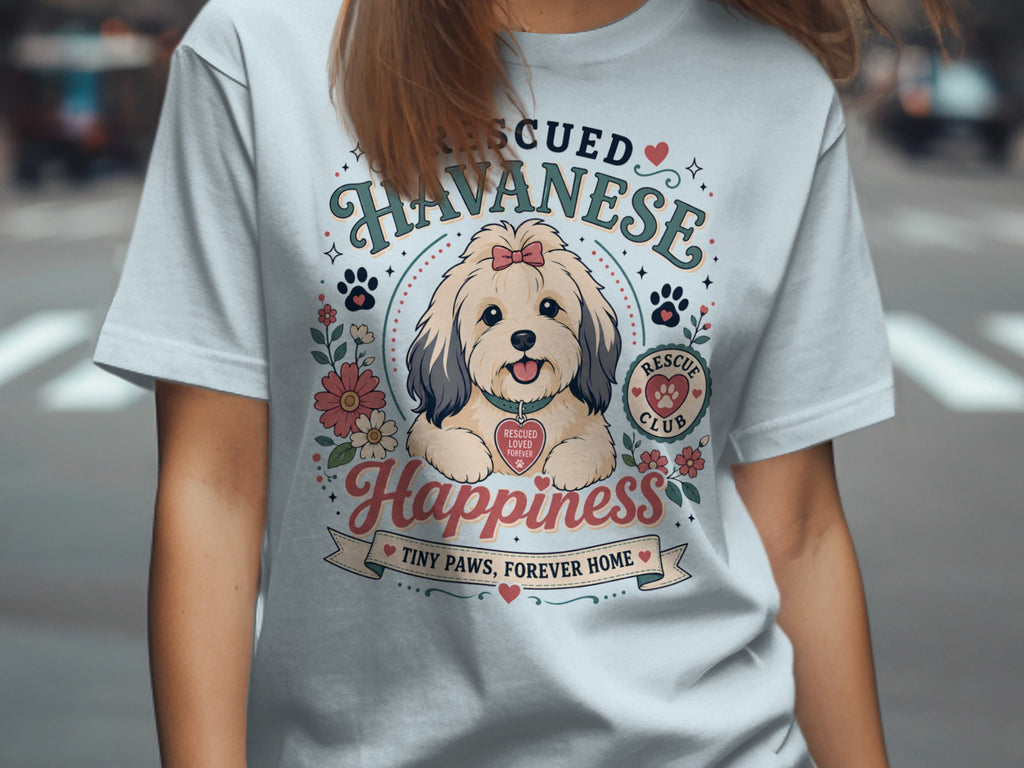 "Rescued Havanese" graphic with dog, flowers, paw prints, and heart tag.