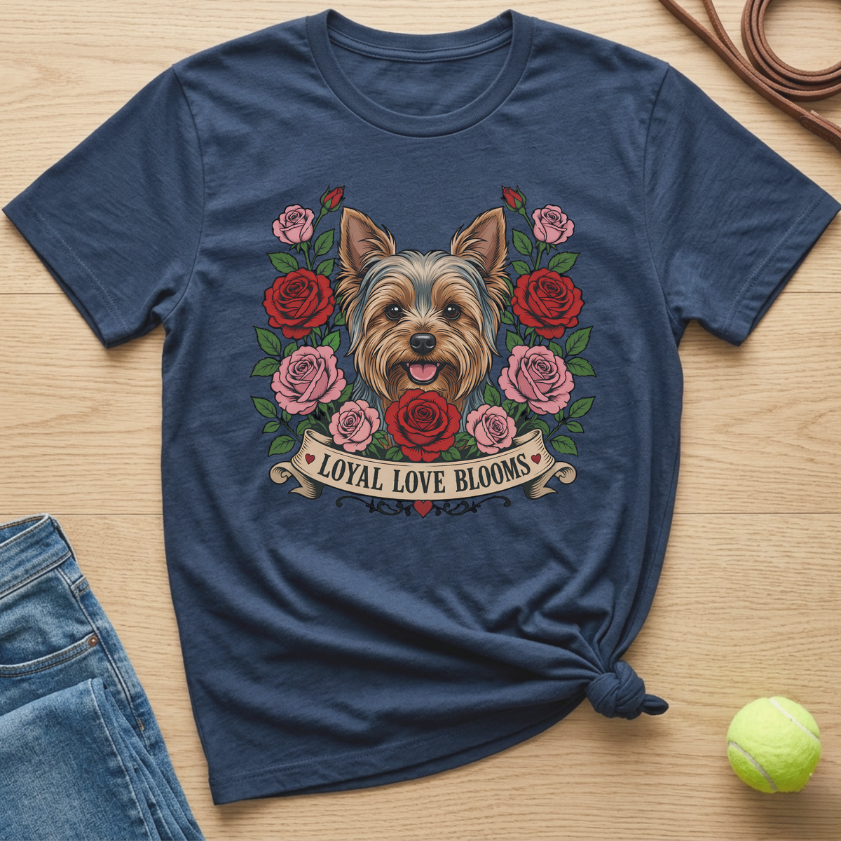 Yorkshire Terrier with roses and banner that says "Loyal Love Blooms"