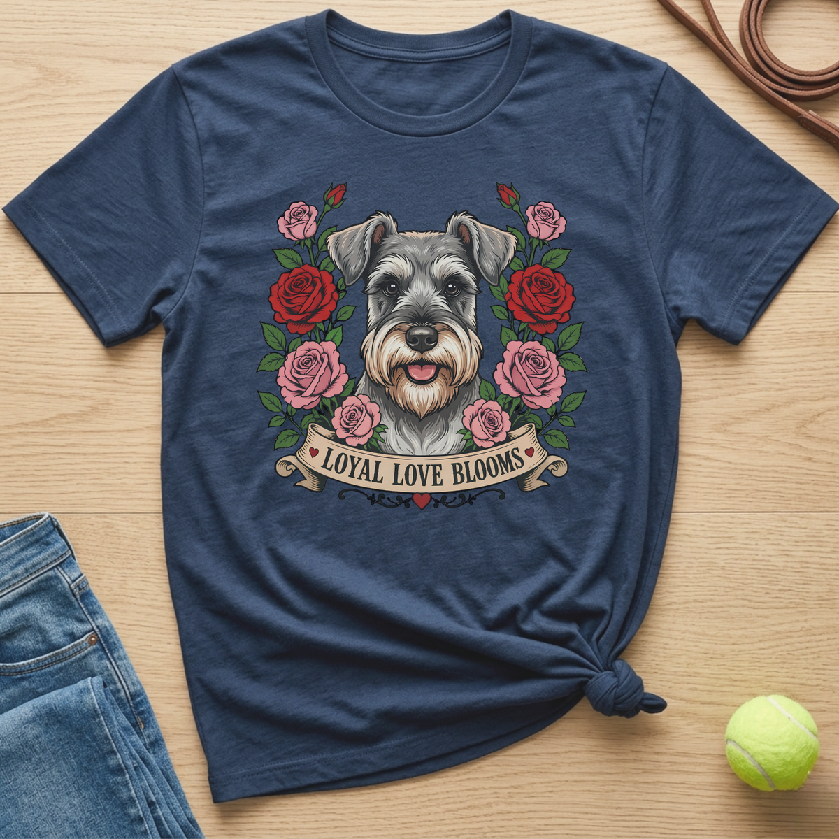 Navy t-shirt with a schnauzer and roses graphic that says "Loyal Love Blooms".