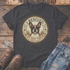Dark gray t-shirt with French Bulldog graphic and text: "I RESCUED MY BEST FRIEND."