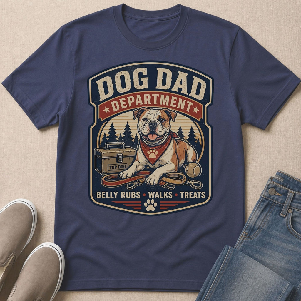 Dog Dad Department graphic with bulldog, leash, ball, and text.