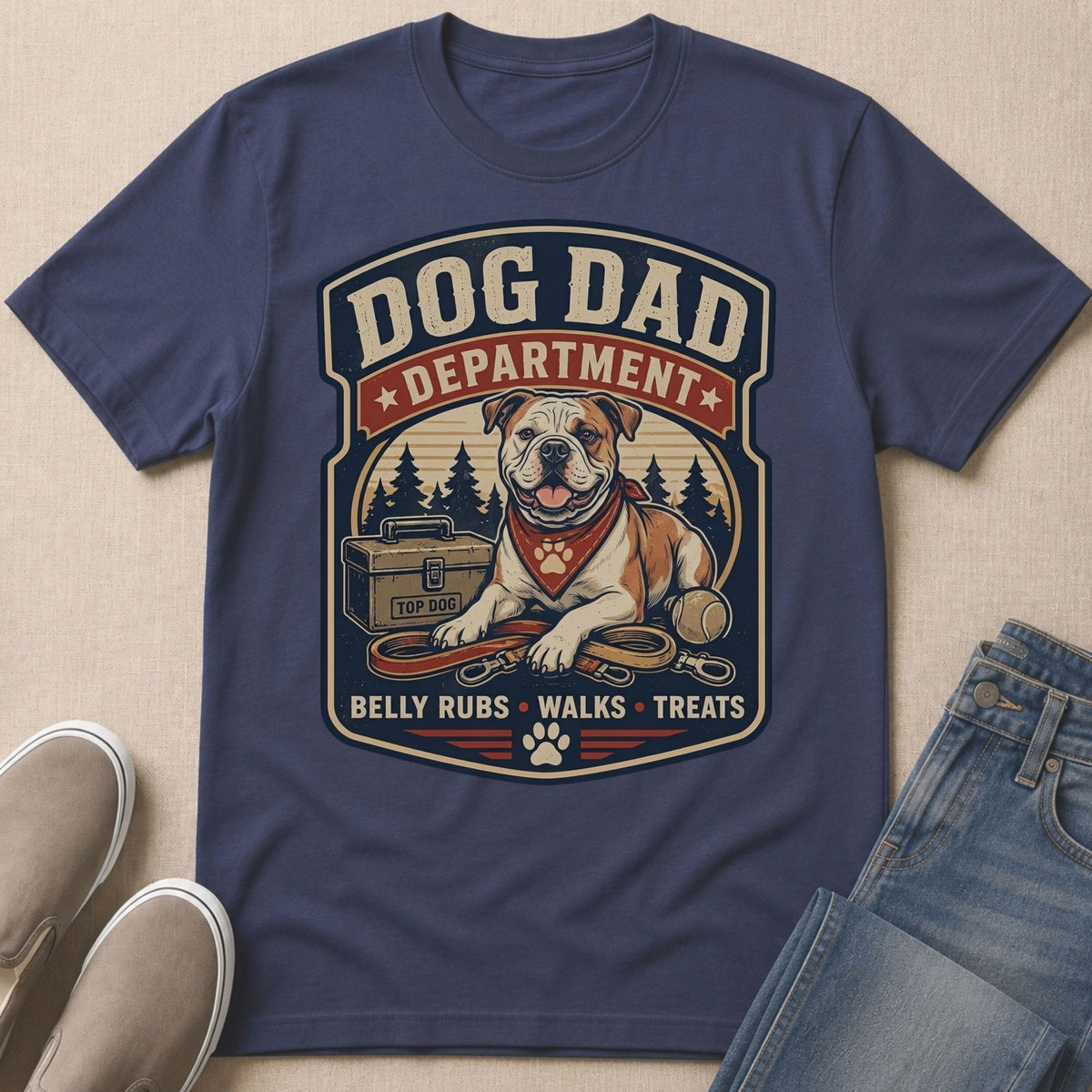 Dog Dad Department graphic with bulldog, leash, ball, and text.