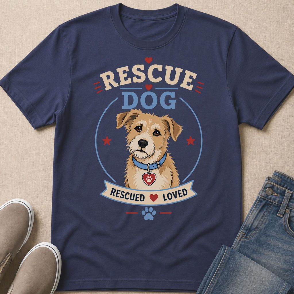 Navy t-shirt with "RESCUE DOG" and a dog wearing a heart tag, "RESCUED LOVED".