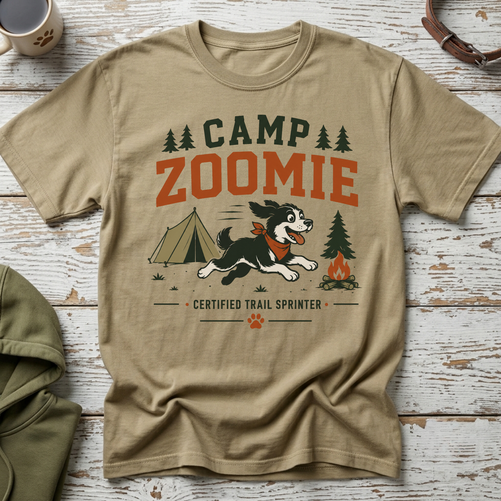 T-shirt graphic with a dog running, tent, campfire, and text "Camp Zoomie Certified Trail Sprinter".