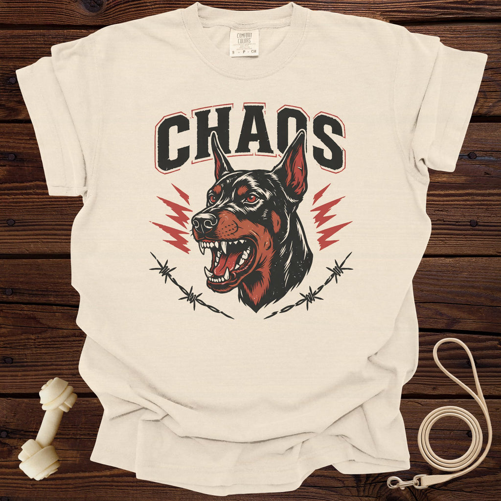 Cream t-shirt with a snarling Doberman head and the word CHAOS.
