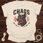 Cream t-shirt with a snarling Doberman head and the word CHAOS.