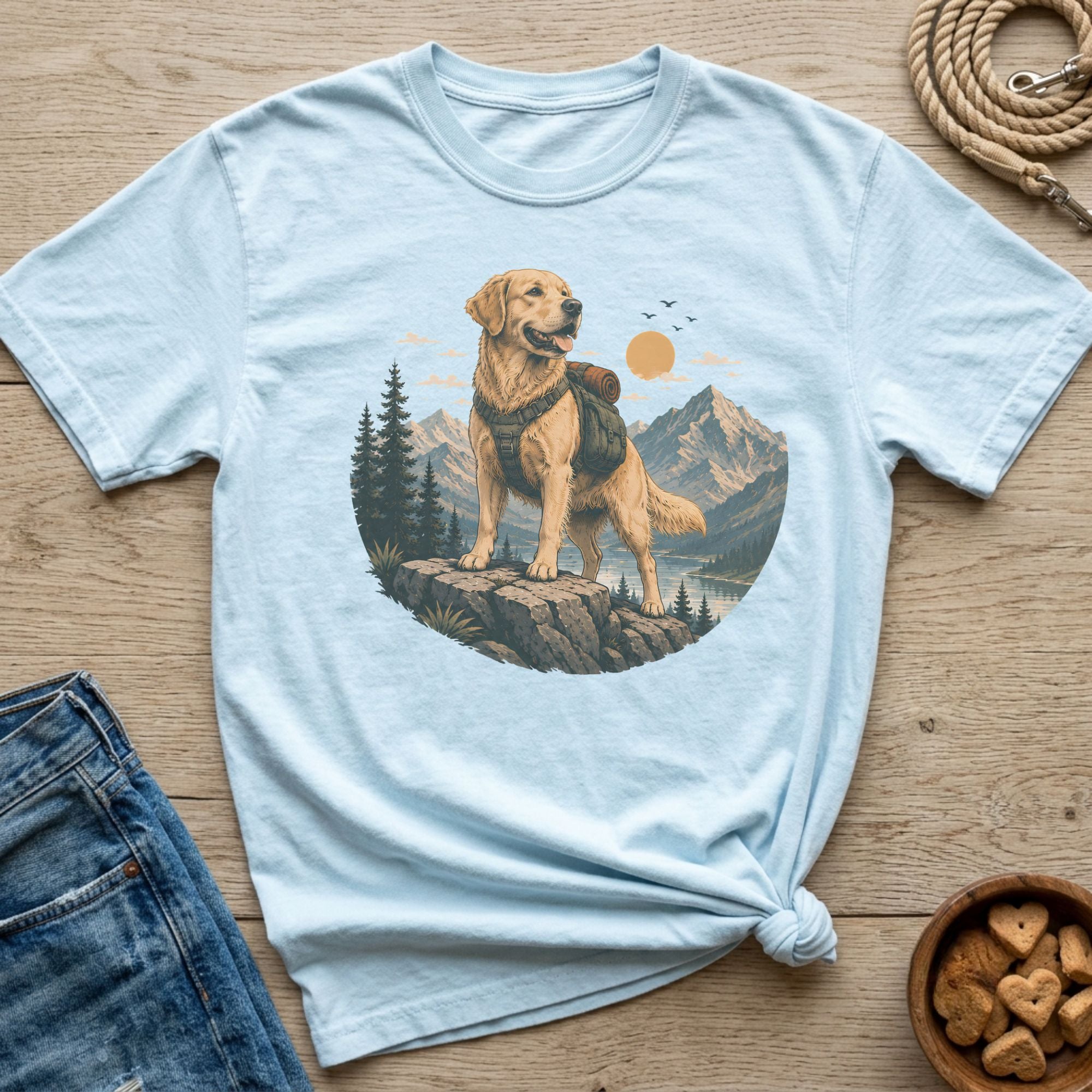Golden retriever in backpack stands on rock overlooking mountains and lake.