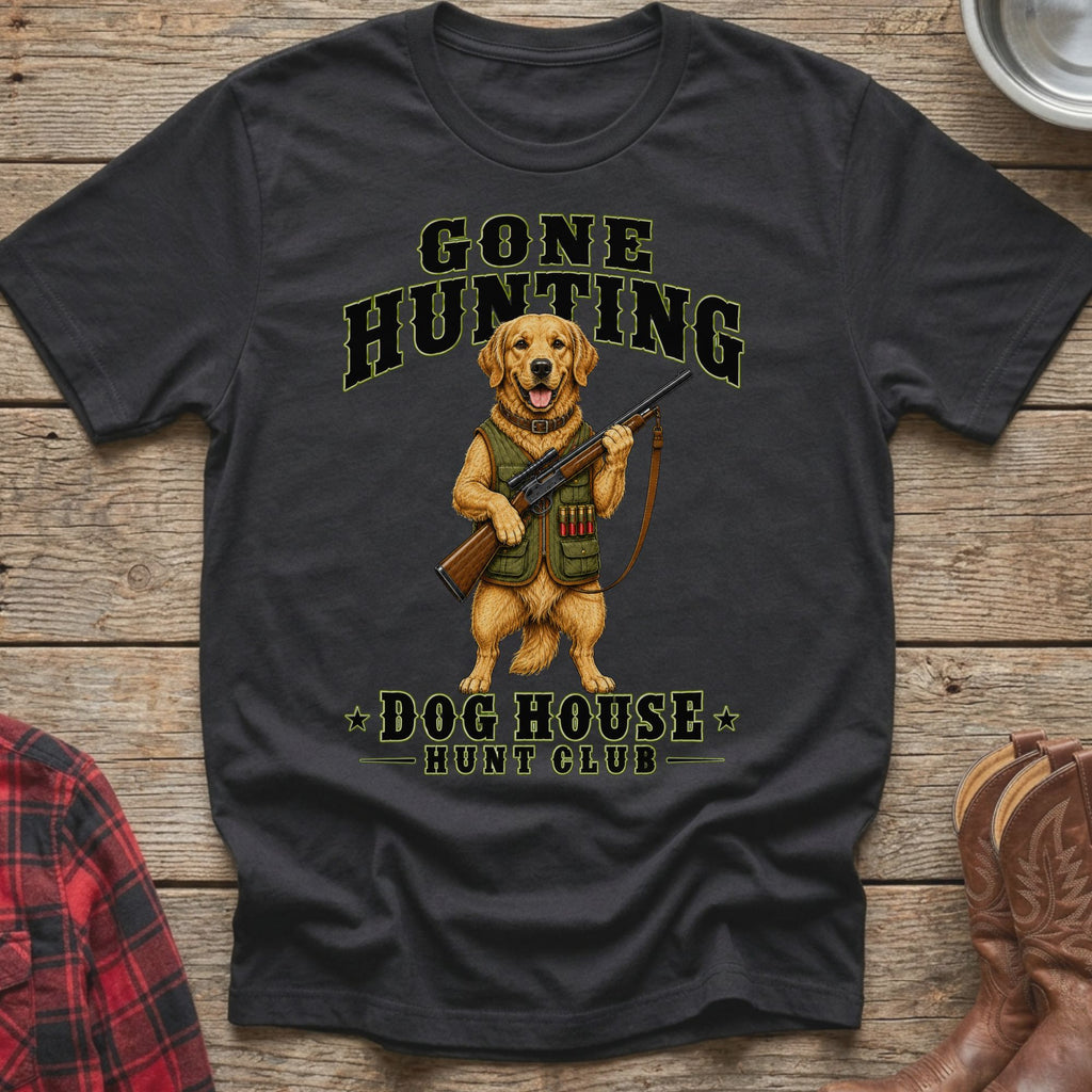 Black t-shirt with "Gone Hunting" and a dog holding a rifle.