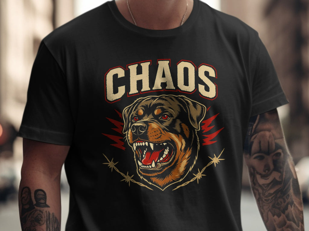 Black t-shirt with "CHAOS" text and an aggressive Rottweiler head design.