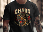 Black t-shirt with "CHAOS" text and an aggressive Rottweiler head design.
