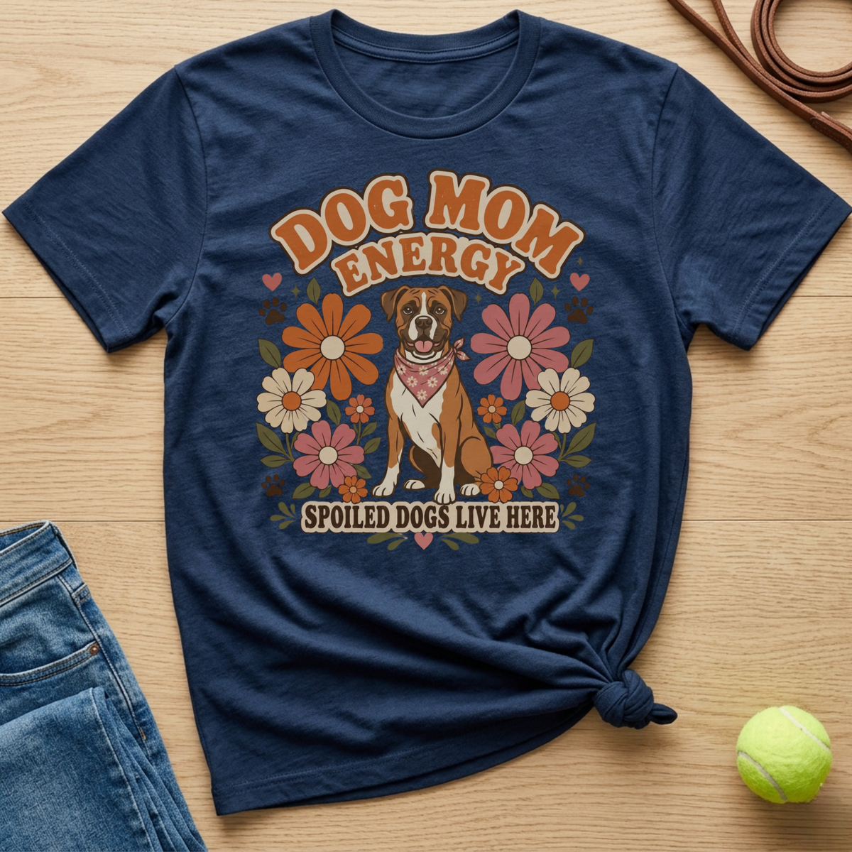 Navy t-shirt with "Dog Mom Energy" and a boxer dog surrounded by retro flowers.