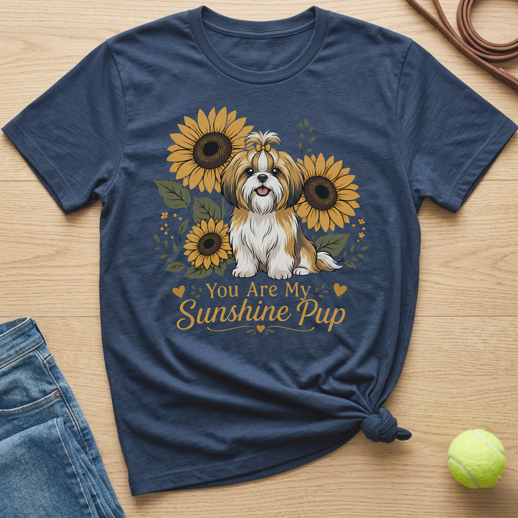 Dark blue t-shirt with Shih Tzu and sunflowers graphic, reads "You Are My Sunshine Pup".