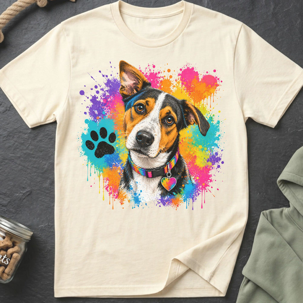 Cream t-shirt with colorful paint splatters and a dog wearing a rainbow collar.