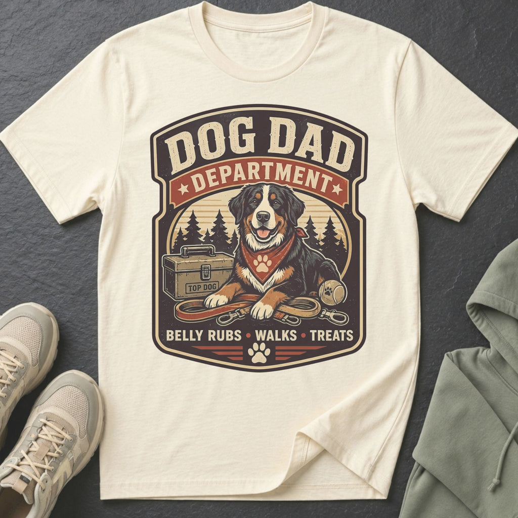 Cream t-shirt with "Dog Dad Department" design featuring a Bernese Mountain Dog.