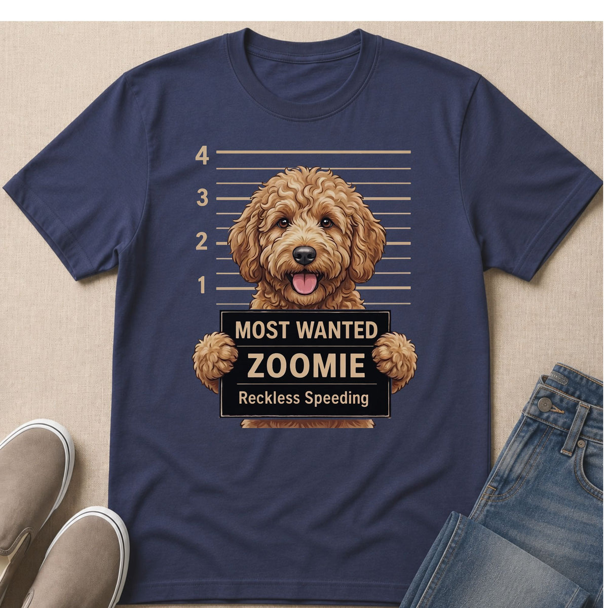 Dog mugshot with text "MOST WANTED ZOOMIE Reckless Speeding".
