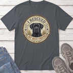 T-shirt with a black dog portrait and "I RESCUED MY BEST FRIEND" text.