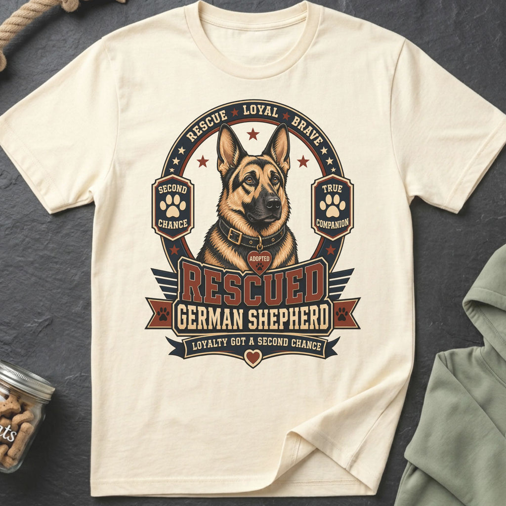 German Shepherd graphic t-shirt with text "Rescued German Shepherd" and "Loyalty Got a Second Chance".