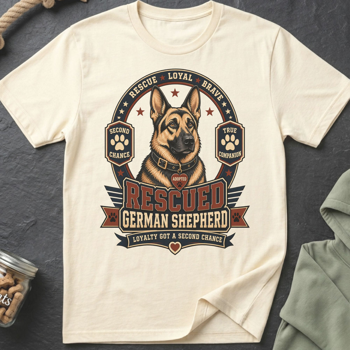 German Shepherd graphic t-shirt with text "Rescued German Shepherd" and "Loyalty Got a Second Chance".