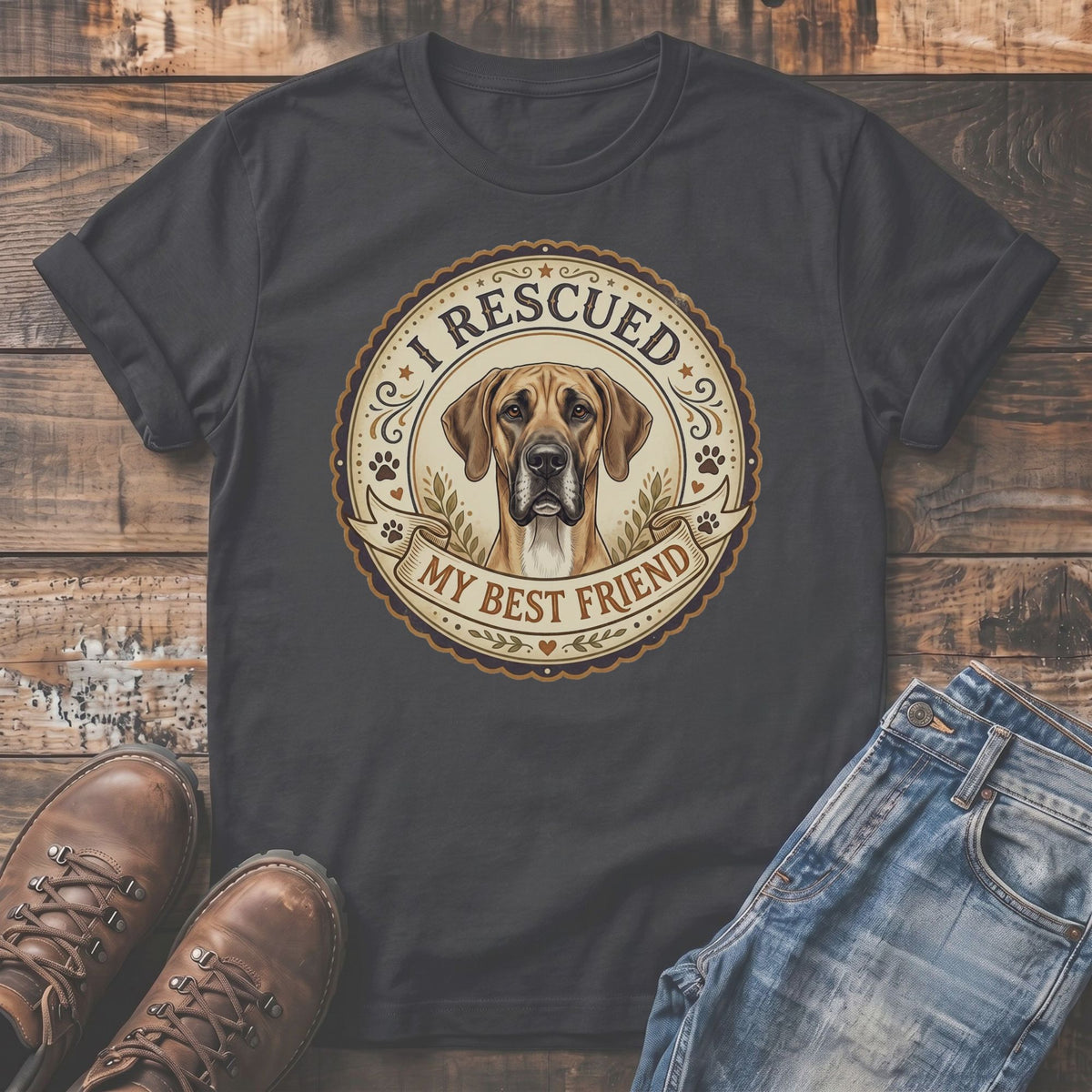 Grey t-shirt with a round graphic of a Great Dane and text "I RESCUED MY BEST FRIEND".