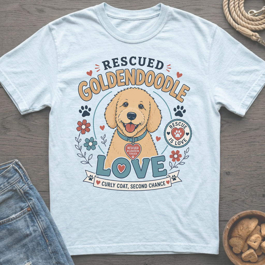 Light blue t-shirt with a rescued Goldendoodle graphic and text.