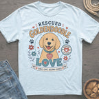 Light blue t-shirt with a rescued Goldendoodle graphic and text.