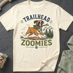 Cream t-shirt with a boxer dog graphic and text "TRAILHEAD ZOOMIES".