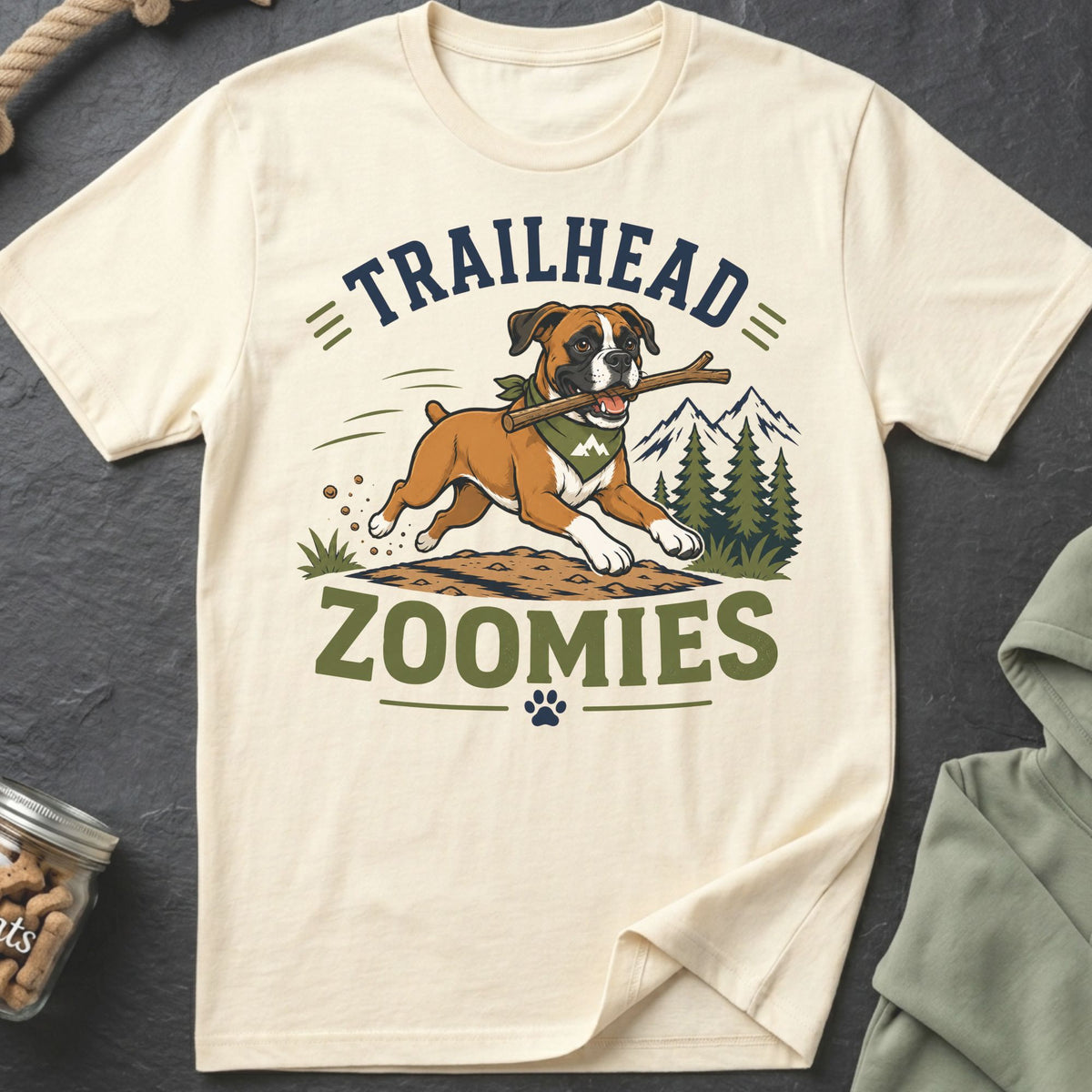 Cream t-shirt with a boxer dog graphic and text "TRAILHEAD ZOOMIES".