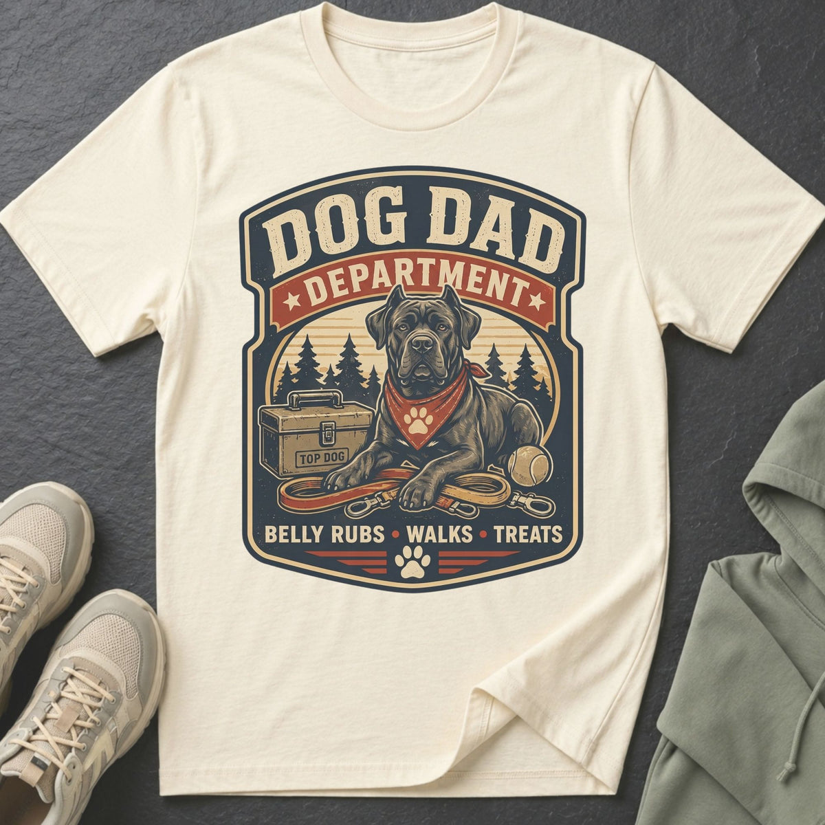 Dog Dad Department graphic tee with a dog, leash, ball, and toolbox.