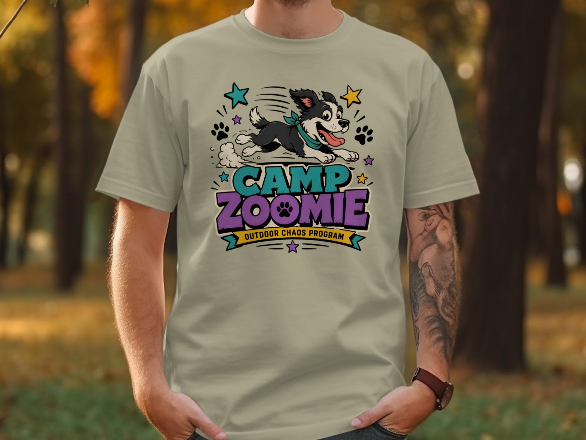 Camp Zoomie Outdoor Chaos Program t-shirt with a running cartoon dog.