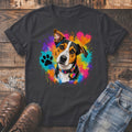T-shirt featuring a dog's portrait with colorful paint splatters and a paw print.