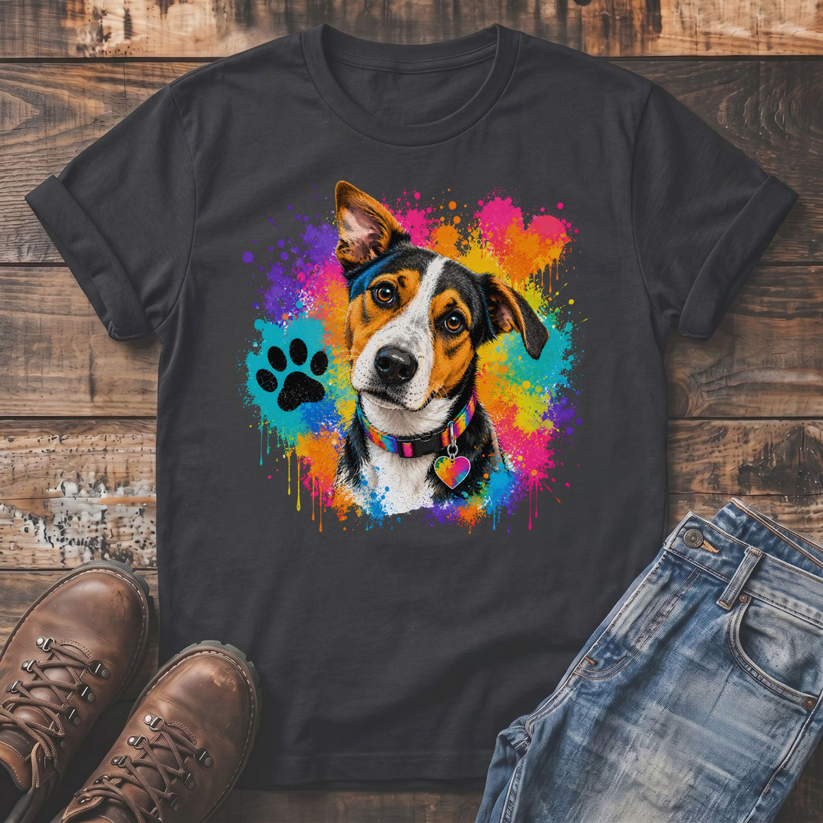 T-shirt featuring a dog's portrait with colorful paint splatters and a paw print.