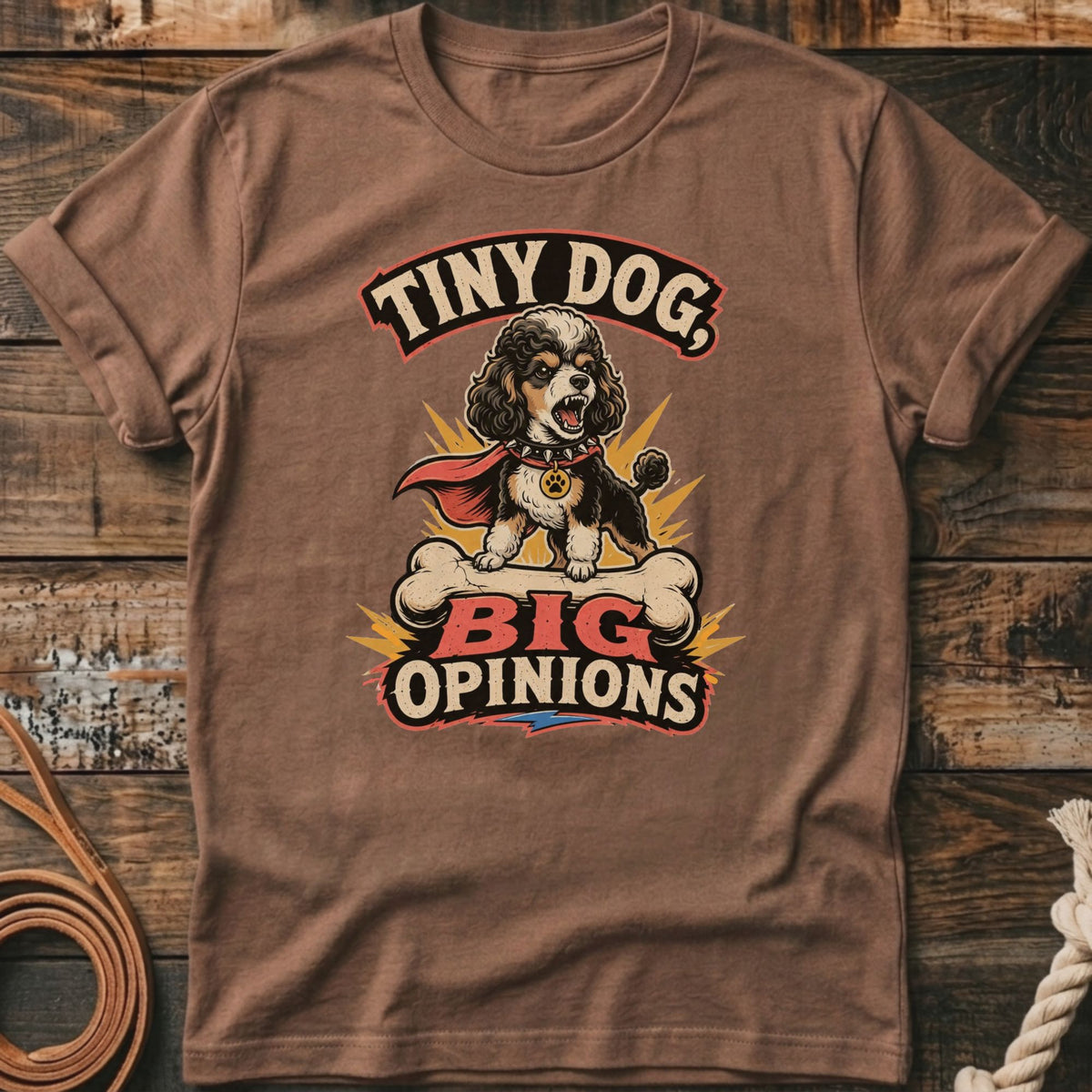 Brown t-shirt with a graphic of a tiny dog on a bone, saying "Tiny Dog, Big Opinions".