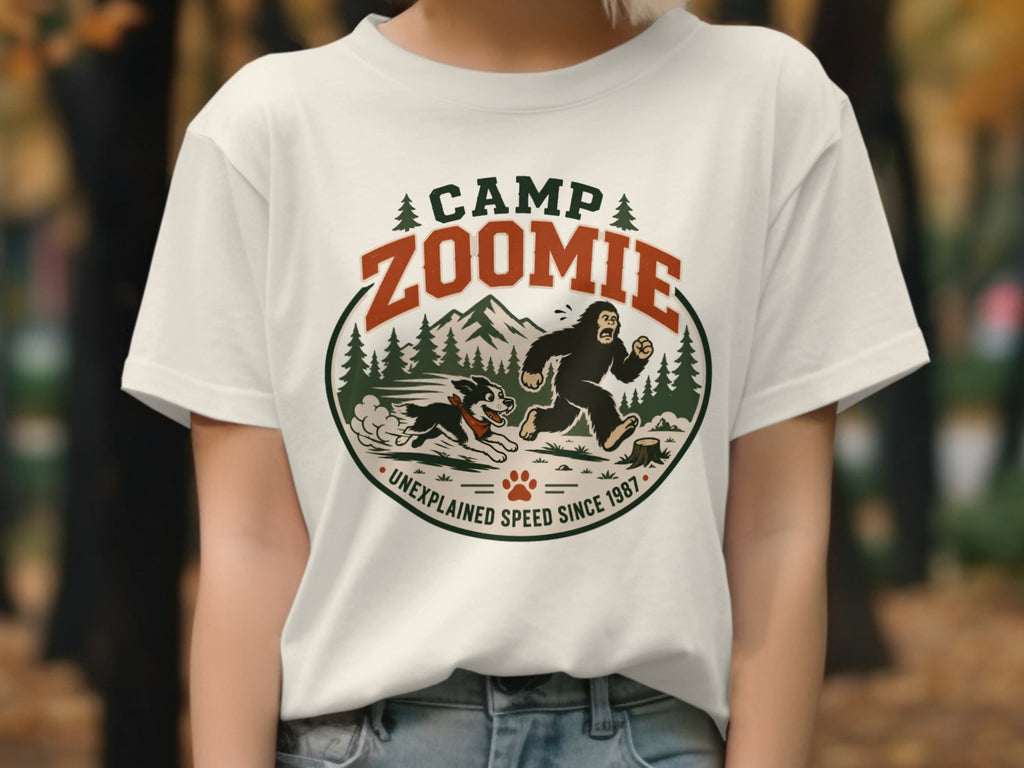 White t-shirt with a circular graphic of Bigfoot and a dog running, "Camp Zoomie" and "Unexplained Speed Since 1987".