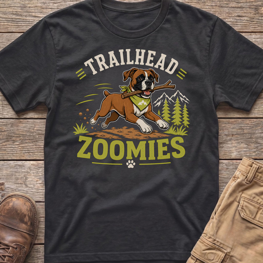 Boxer dog with stick on shirt saying "TRAILHEAD ZOOMIES"