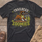 Boxer dog with stick on shirt saying "TRAILHEAD ZOOMIES"