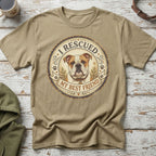 English bulldog graphic on a tan t-shirt with text "I Rescued My Best Friend".
