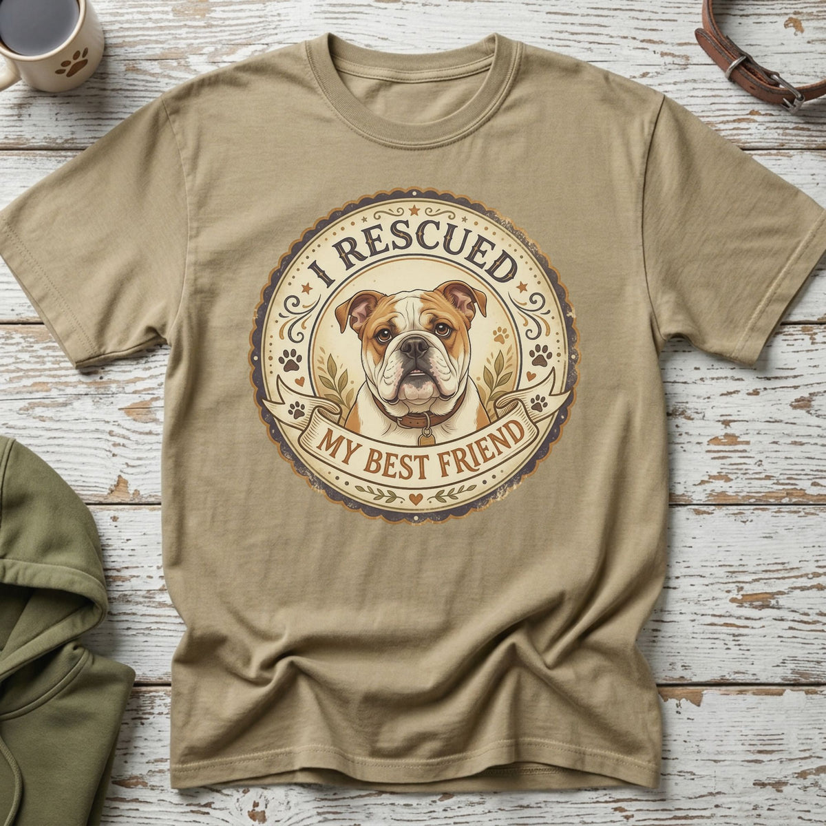 English bulldog graphic on a tan t-shirt with text "I Rescued My Best Friend".