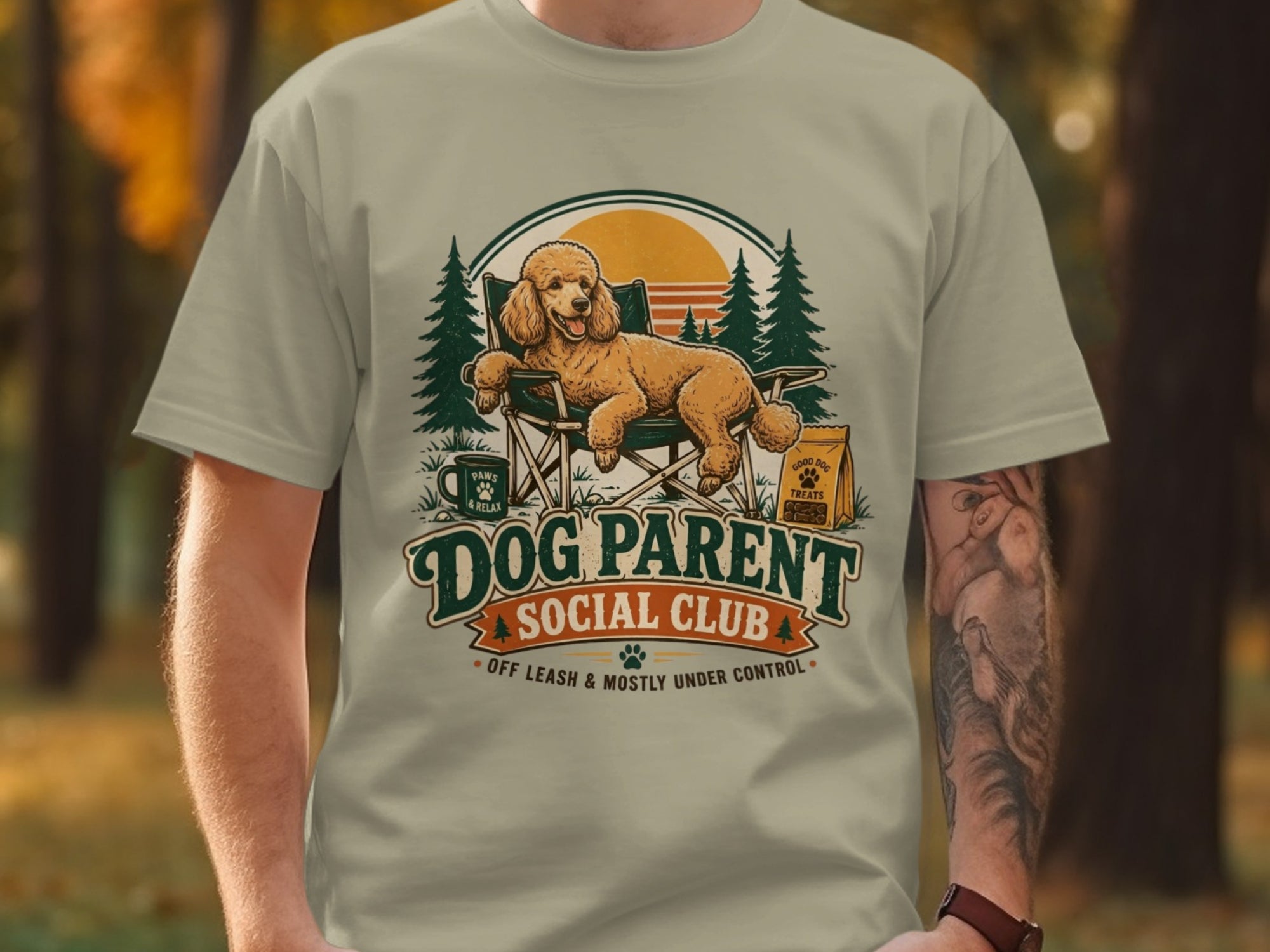 Poodle on a camping chair with "Dog Parent Social Club" text.
